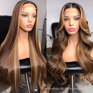 Pre-plucked Highlighted Brown Honey Blonde Piano Color 4x4 Swiss Lace Closure Mink Cuticle Aligned Virgin Human Hair Wigs